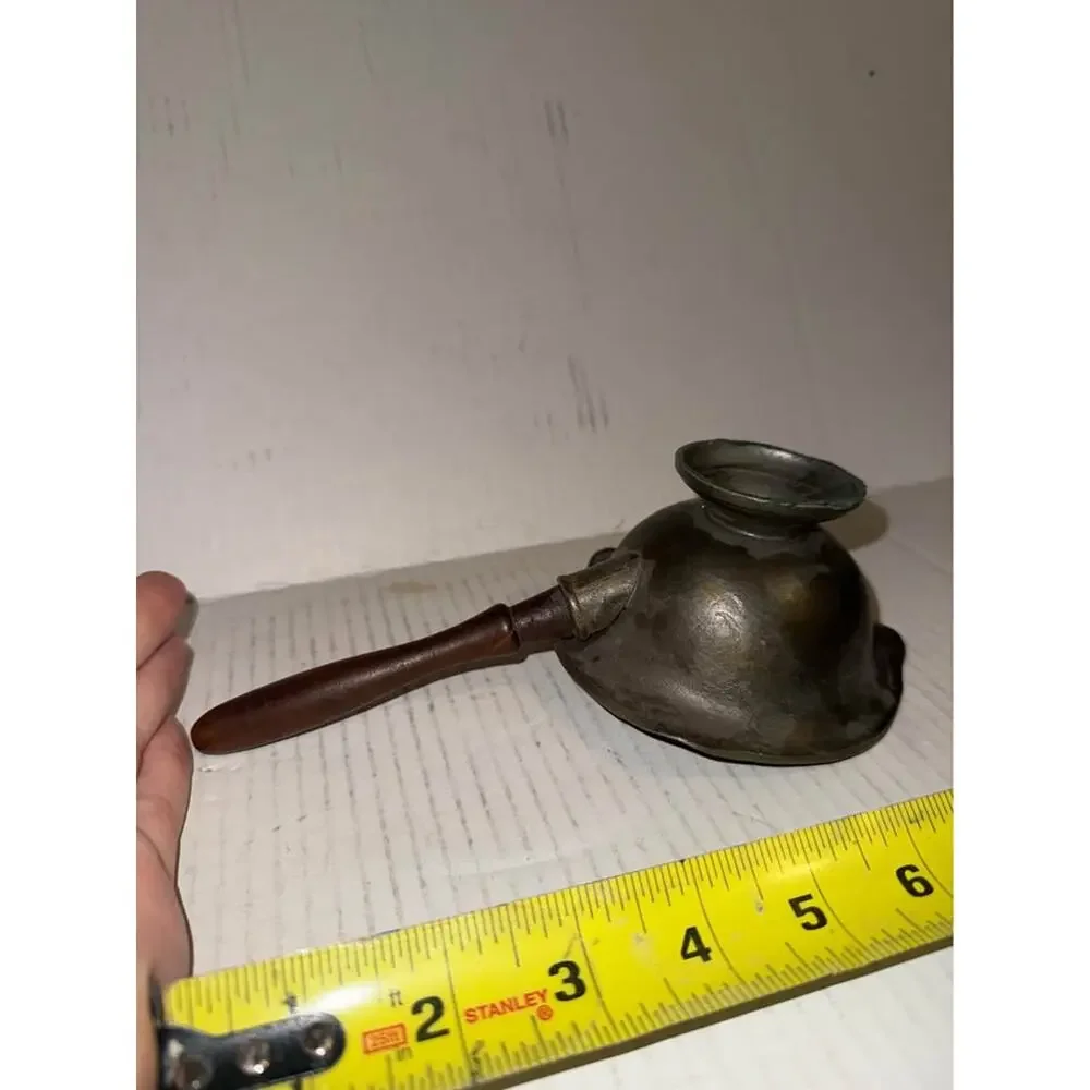 LADLE BOWL vtg pewter wood handle antique german angel wings scales 3 pour spout